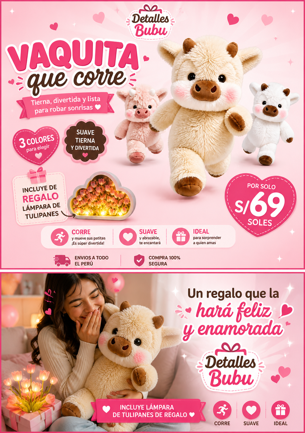 🐮 Vaquita que Corre + Lámpara de Tulipanes de Regalo