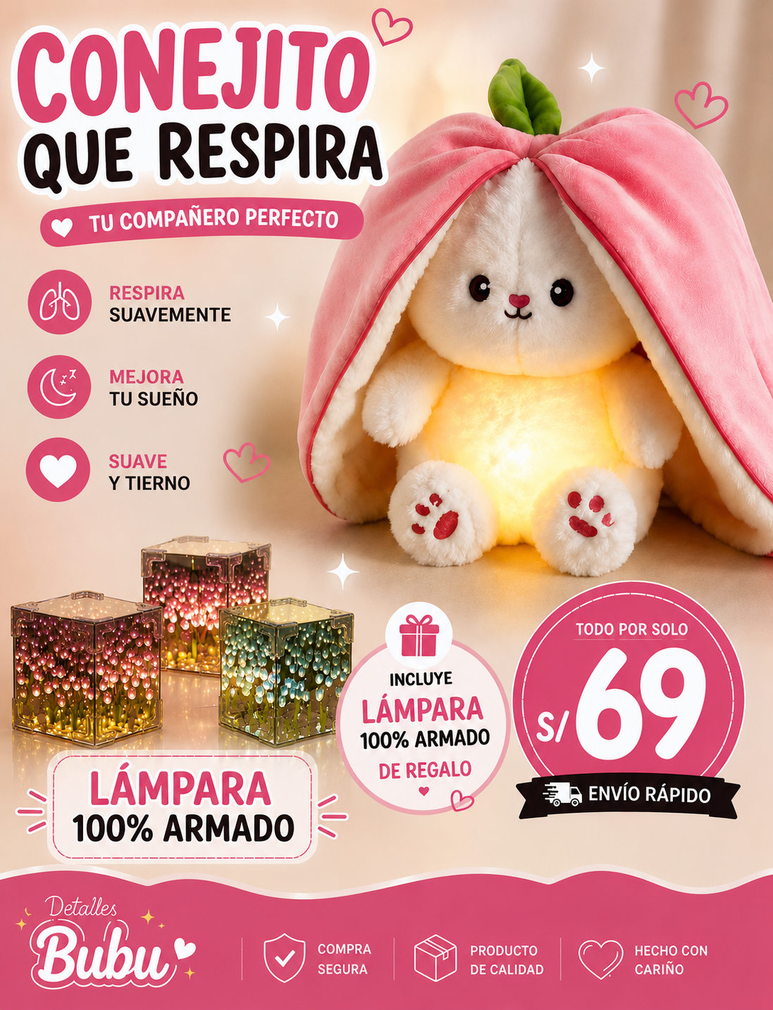 🐰 Conejito que Respira + Lámpara de Tulipanes de Regalo