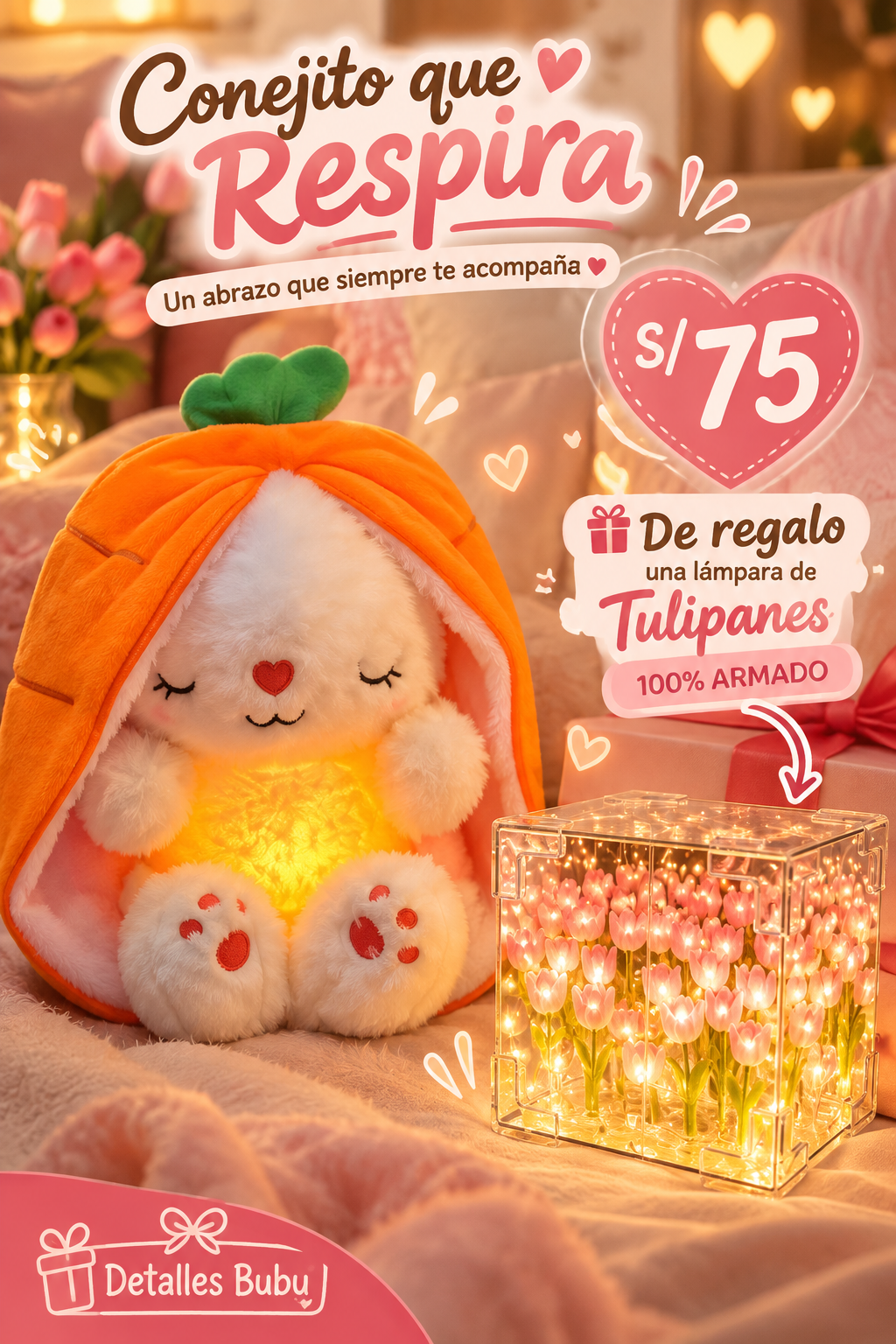 🐰 Conejito que Respira + Lámpara de Tulipanes de Regalo