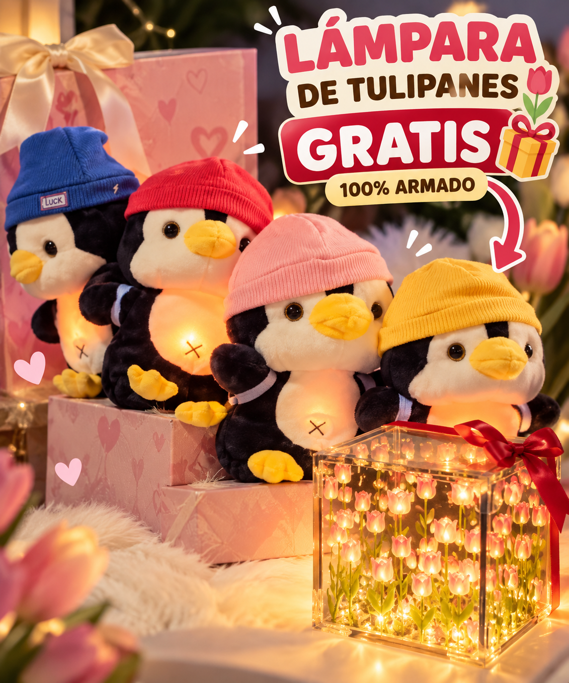 Pingüino que Respira + Cubo de Tulipanes de Regalo 🐧🌷