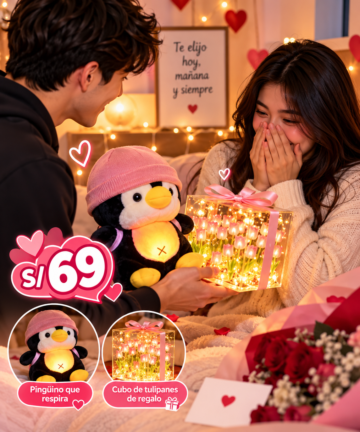 Pingüino que Respira + Cubo de Tulipanes de Regalo 🐧🌷